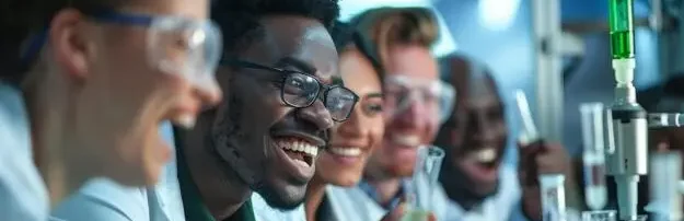 a group of scientists gathered together in a research lab looking at a test tube filled with a bright green liquid they are all smiling and celebrating as they have just discovered photo