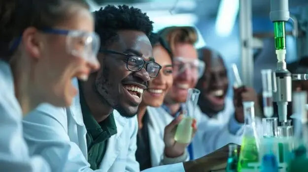 a group of scientists gathered together in a research lab looking at a test tube filled with a bright green liquid they are all smiling and celebrating as they have just discovered photo